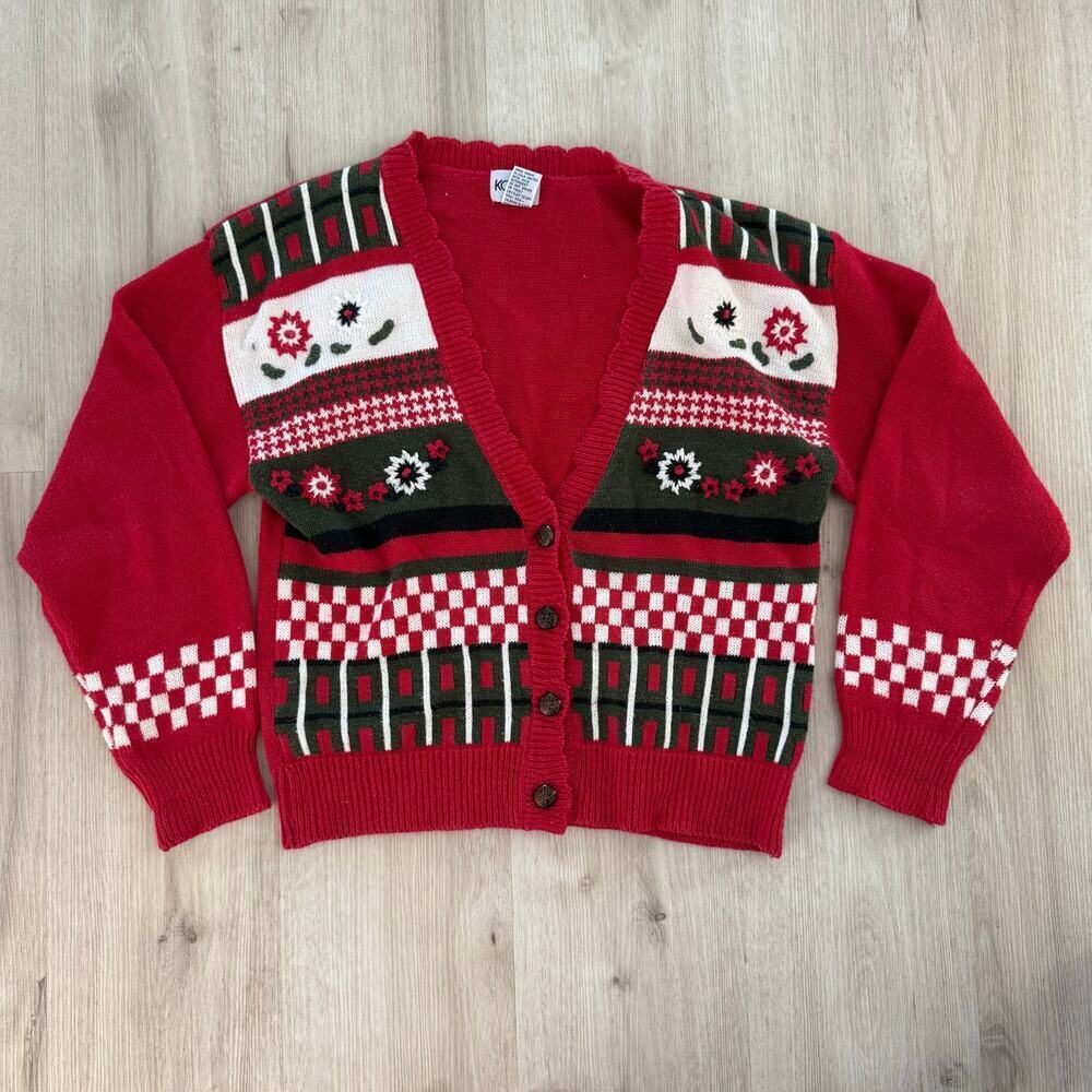 Koret Vintage 90's Red Checkered Floral Christmas Cardigan Sweater Size Small